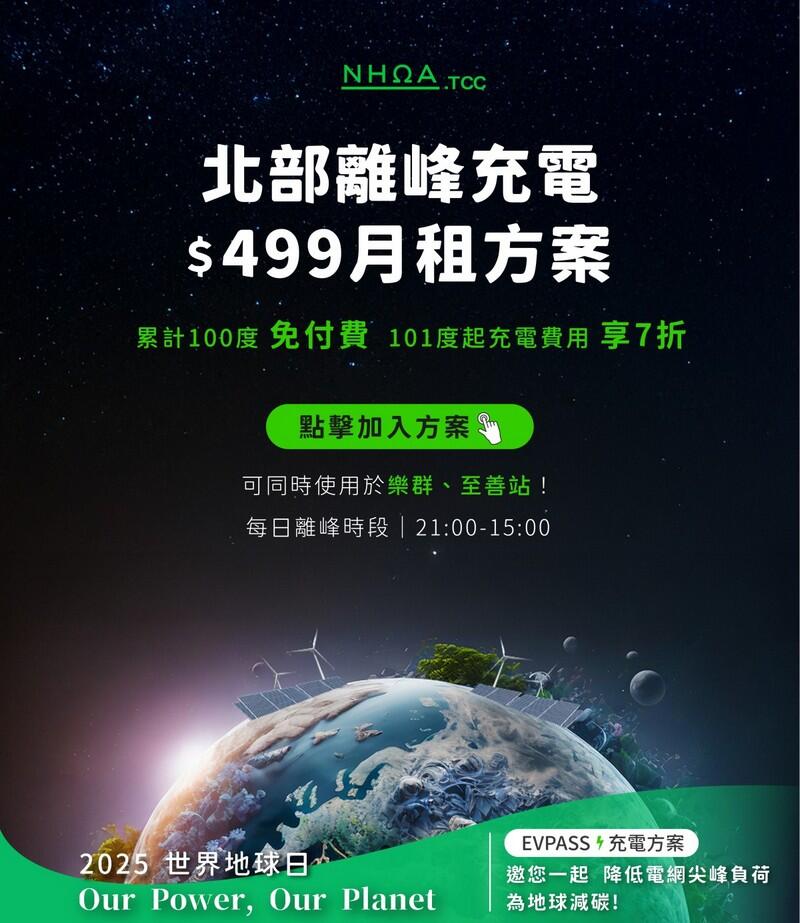 離峰充電它最省！台泥儲能-NHOA.TCC-北部專屬-$499-EVPASS-月費包，每度下探-5-元有找-2